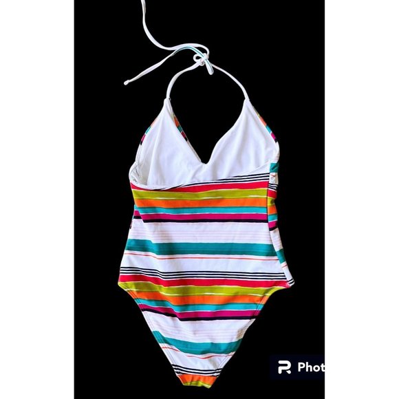 LOFT Beach Swimsuit Size 4 Striped One Piece Halter Shelf Bra V Neck New… - Picture 3 of 12